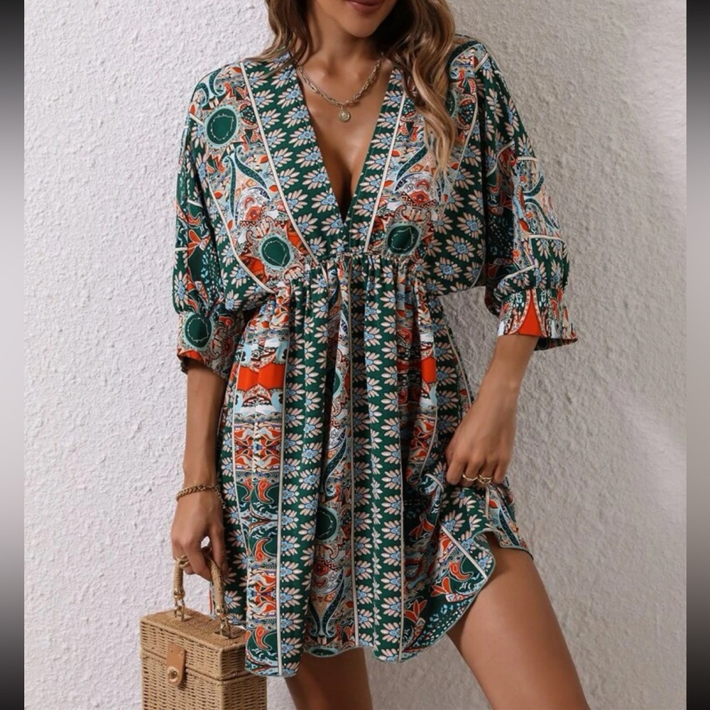 Boho Floral Print Batwing Sleeve Dress Green - Picture 1 of 5
